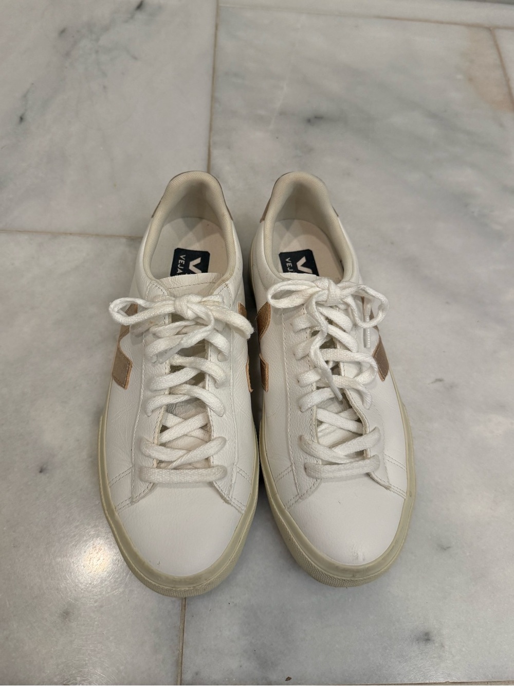 Veja White Leather Campo Sneakers with Gold V Logo. - Picture 2 of 5